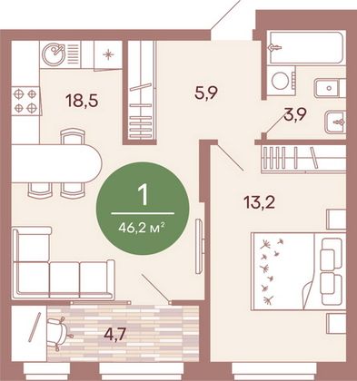 Продажа 1-комнатной квартиры 46,2 м², 2/17 этаж