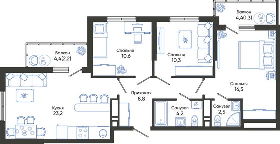 79,6 м², 3-комн. квартира, 16/24 этаж