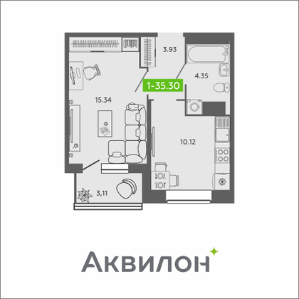 35,3 м², 1-комн. квартира, 10/16 этаж