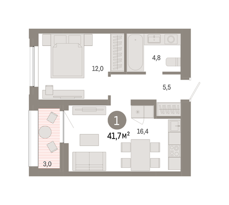 41,7 м², 1-комн. квартира, 15/17 этаж