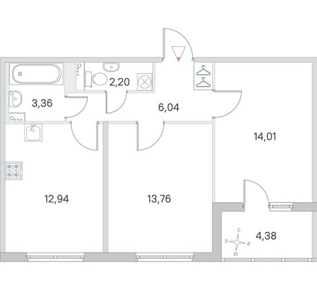 Продажа 2-комнатной квартиры 54,5 м², 3/4 этаж