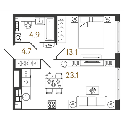 45,8 м², 1-комн. квартира, 5/9 этаж