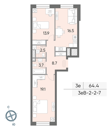 Продажа 2-комнатной квартиры 64,4 м², 7/16 этаж
