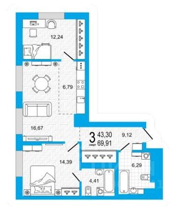 Продажа 3-комнатной квартиры 70 м², 26/26 этаж