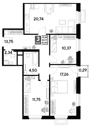 Продажа 3-комнатной квартиры 81 м², 3/25 этаж