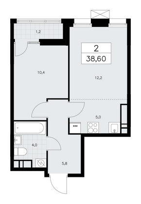 38,6 м², своб. планировка, 16/18 этаж