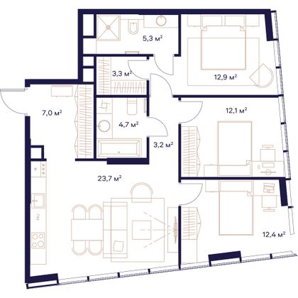 84,6 м², 3-комн. квартира, 2/23 этаж