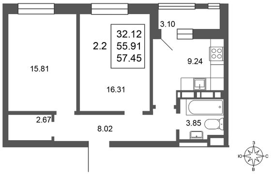 Продажа 2-комнатной квартиры 57,5 м², 4/17 этаж