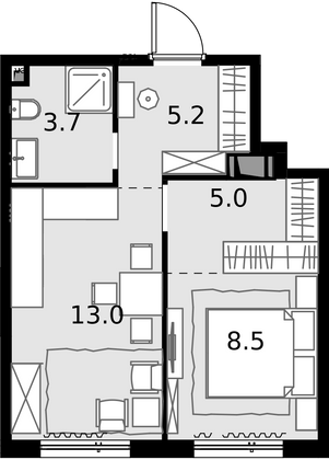 35,4 м², 1-комн. квартира, 14/28 этаж