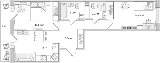 65,3 м², 2-комн. квартира, 8/23 этаж