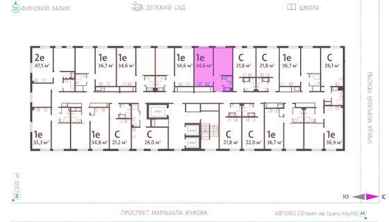 34,6 м², 1-комн. квартира, 22/23 этаж