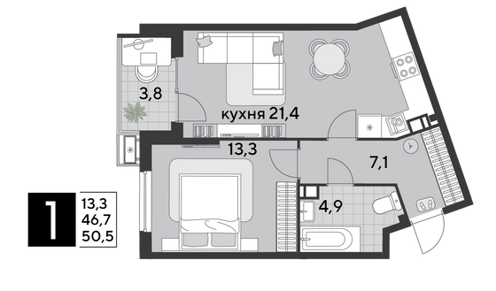 Продажа 1-комнатной квартиры 50,5 м², 3/18 этаж
