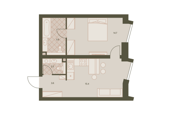 43 м², 2-комн. квартира, 26/42 этаж