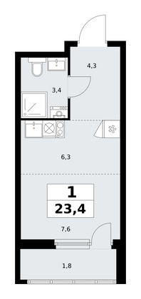 23,4 м², своб. планировка, 3/18 этаж