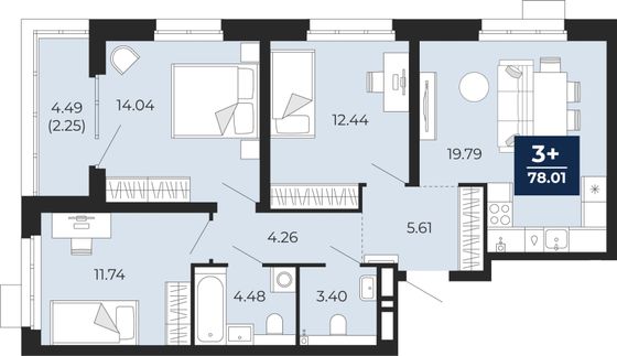 78 м², 3-комн. квартира, 2/15 этаж