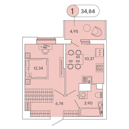 34,8 м², 1-комн. квартира, 8/12 этаж