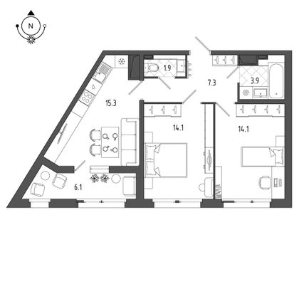 59,4 м², 2-комн. квартира, 8/11 этаж