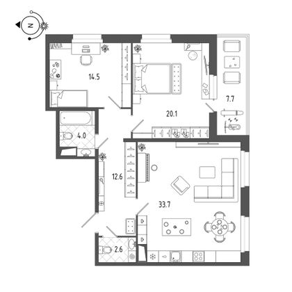 91,6 м², 2-комн. квартира, 4/19 этаж