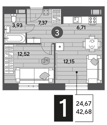 Продажа 1-комнатной квартиры 42,7 м², 2/9 этаж