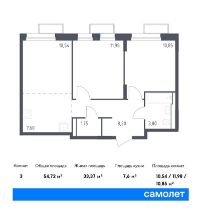 54,7 м², 2-комн. квартира, 15/24 этаж