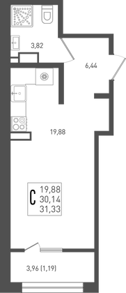 31,3 м², студия, 9/9 этаж