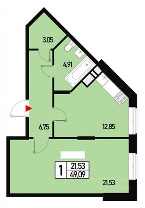 Продажа 1-комнатной квартиры 49,1 м², 3/3 этаж