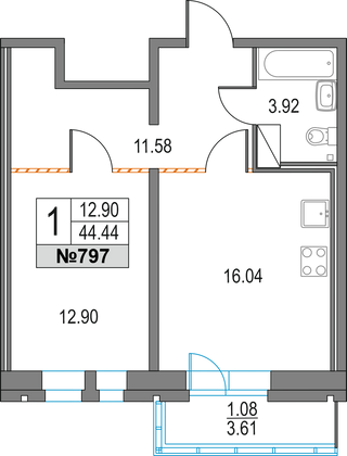 44,4 м², 1-комн. квартира, 3/25 этаж