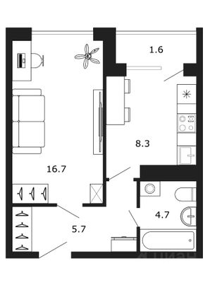 Продажа 1-комнатной квартиры 37 м², 5/16 этаж