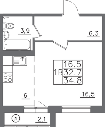 34,8 м², 1-комн. квартира, 3/14 этаж