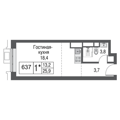 Продажа квартиры-студии 25,5 м², 28/53 этаж