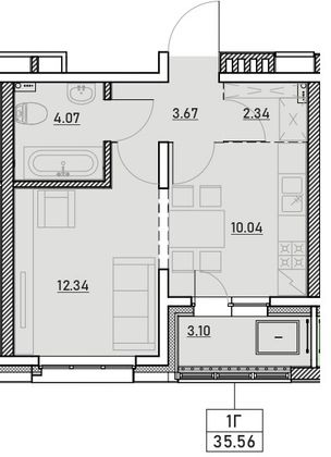 35,6 м², своб. планировка, 11/13 этаж