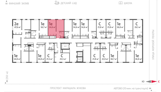 34,6 м², 1-комн. квартира, 19/23 этаж