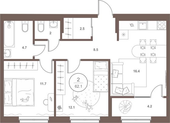 Продажа 2-комнатной квартиры 62,1 м², 2/18 этаж
