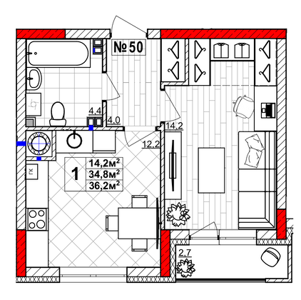 Продажа 1-комнатной квартиры 36,2 м², 2/4 этаж