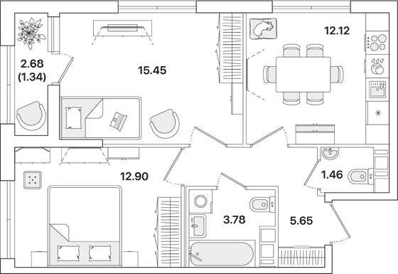 52,7 м², 2-комн. квартира, 6/12 этаж