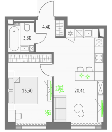 41,9 м², 1-комн. квартира, 14/57 этаж