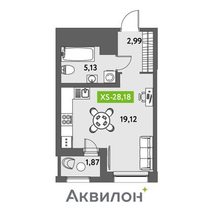 28,2 м², студия, 4/12 этаж