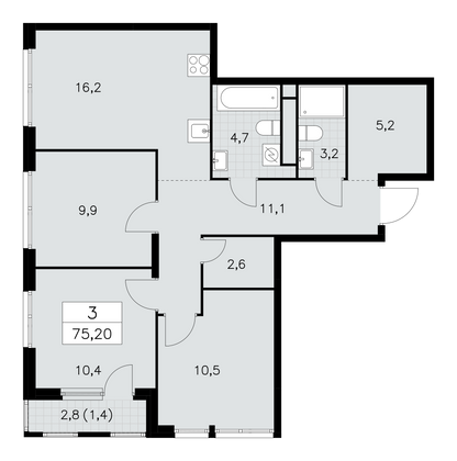 75,2 м², 3-комн. квартира, 25/30 этаж