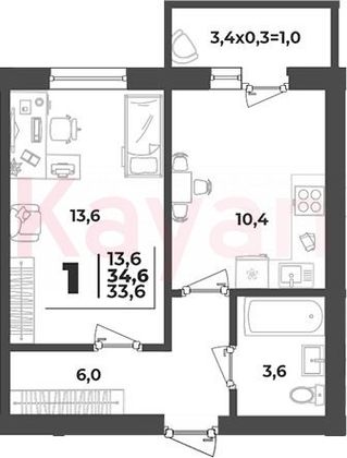 Продажа 1-комнатной квартиры 33,6 м², 1/5 этаж
