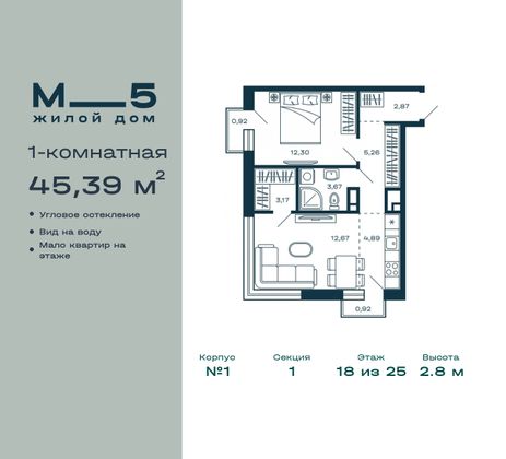 45,4 м², 1-комн. квартира, 18/25 этаж