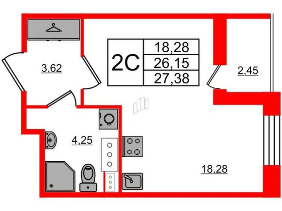 Продажа квартиры-студии 26,1 м², 2/12 этаж
