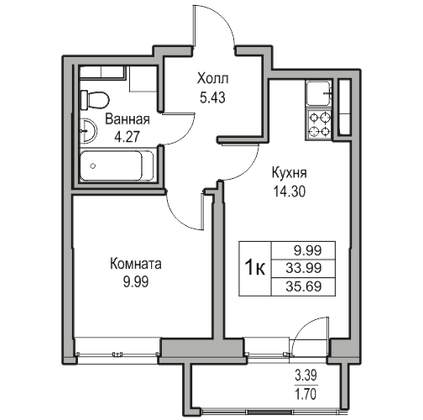 Продажа 1-комнатной квартиры 34 м², 2/23 этаж