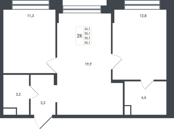 55,1 м², 2-комн. квартира, 1/8 этаж