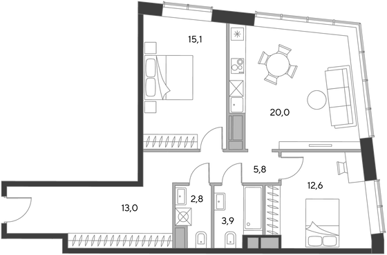 73,3 м², 2-комн. квартира, 6/21 этаж