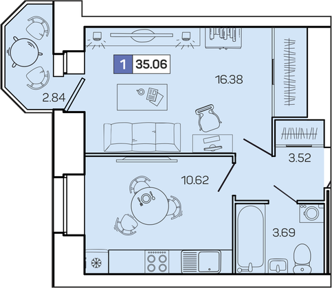 35,1 м², 1-комн. квартира, 9/9 этаж