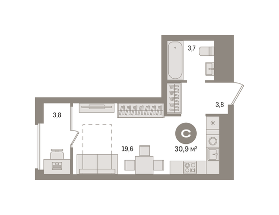 Продажа квартиры-студии 30,9 м², 2/14 этаж