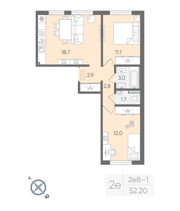 Продажа 2-комнатной квартиры 52,2 м², 2/15 этаж