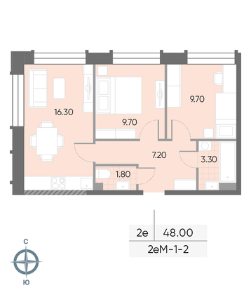48 м², 2-комн. квартира, 2/30 этаж