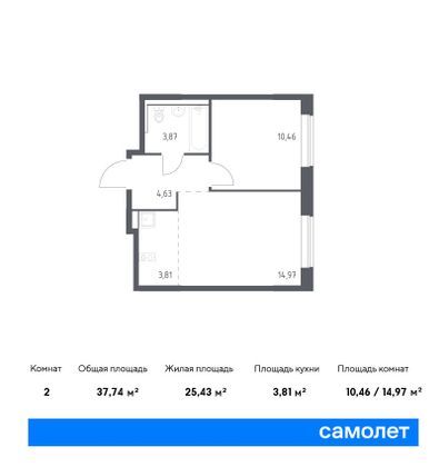 37,7 м², 1-комн. квартира, 15/17 этаж