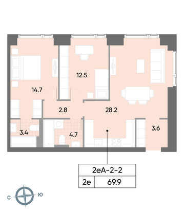 Продажа 2-комнатной квартиры 69,9 м², 2/52 этаж